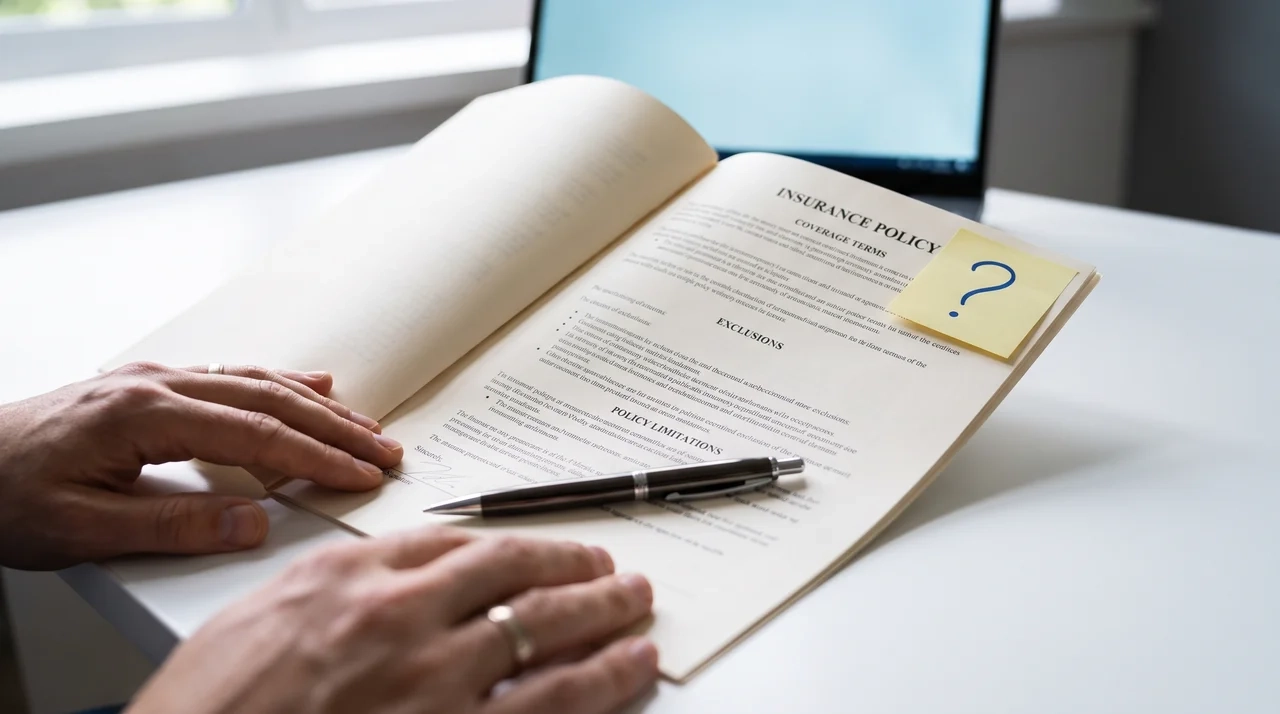 Open insurance policy document with a handwritten question mark note representing a coverage dispute requiring declaratory court ruling