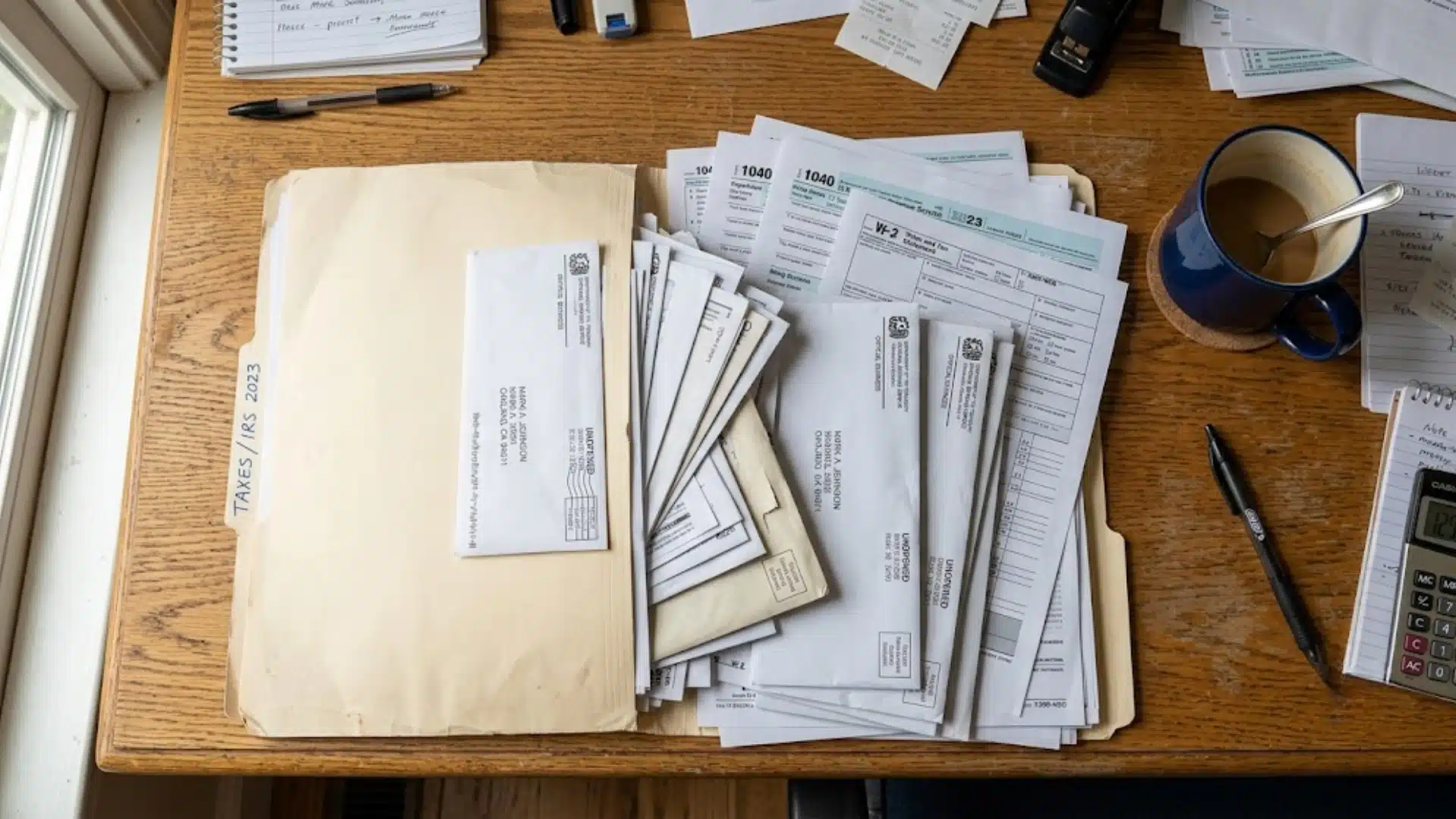 Overhead view of a wooden desk filled with organized tax forms, folders, pens, and a coffee mug.