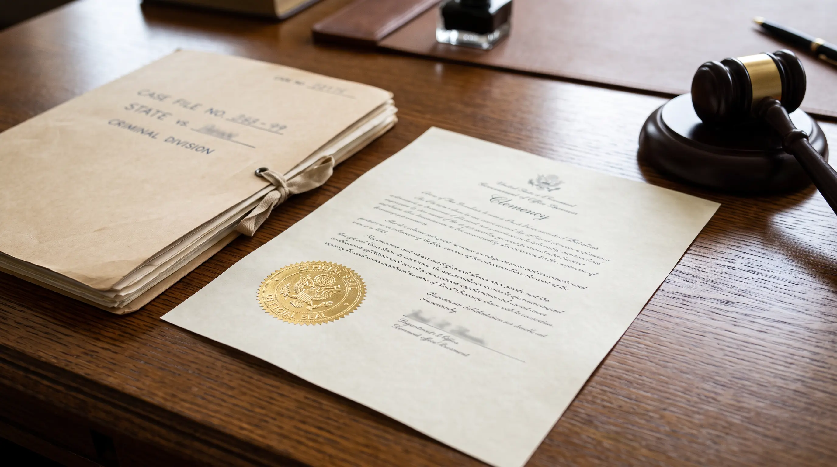 Formal clemency document with an embossed seal beside a closed criminal case file.