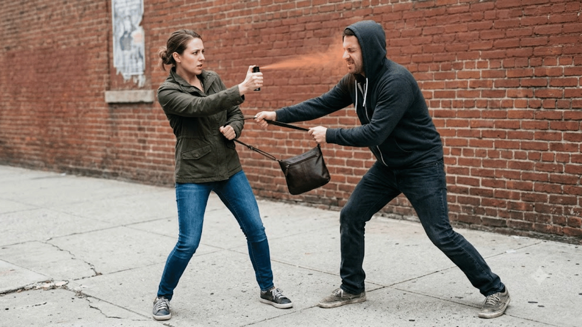 Person using pepper spray while stopping a handbag theft attempt on a sidewalk