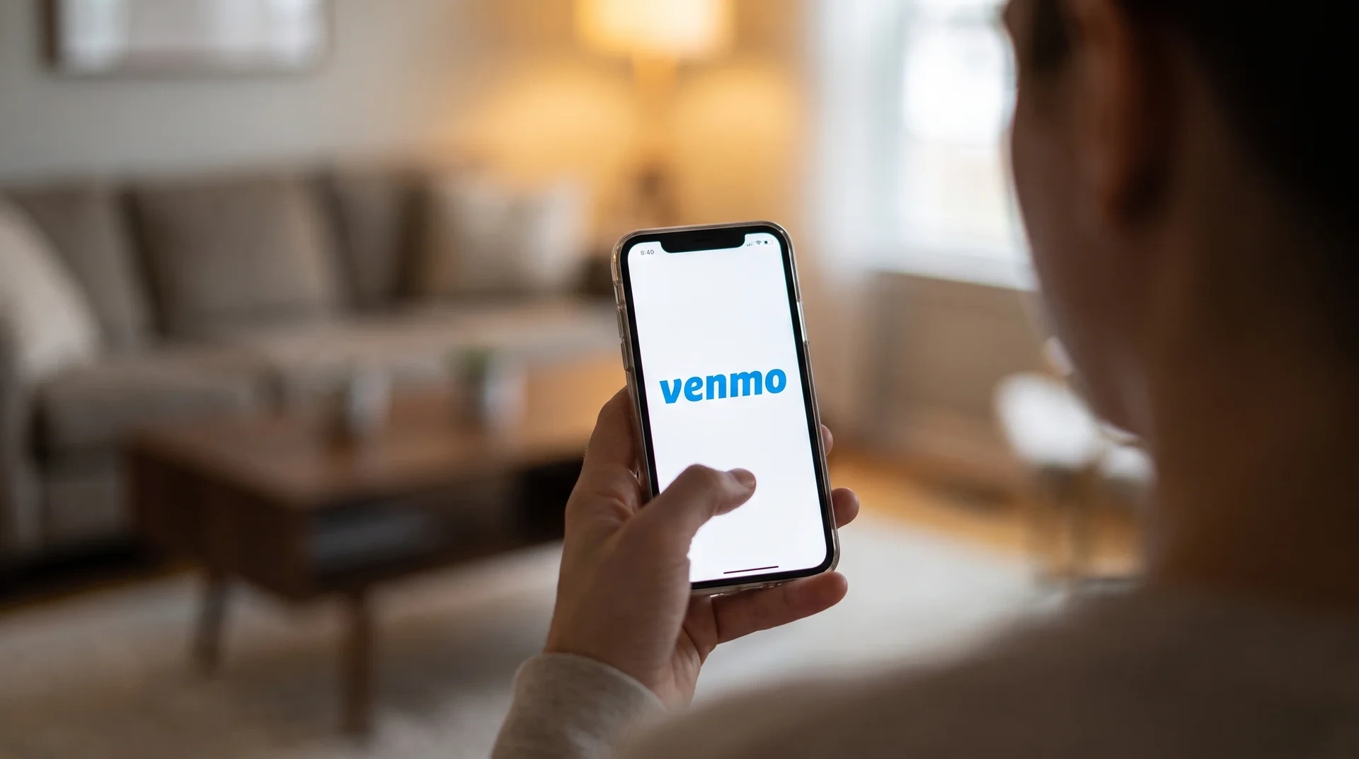 A person holding a smartphone displaying the blue Venmo logo on the screen in a living room.