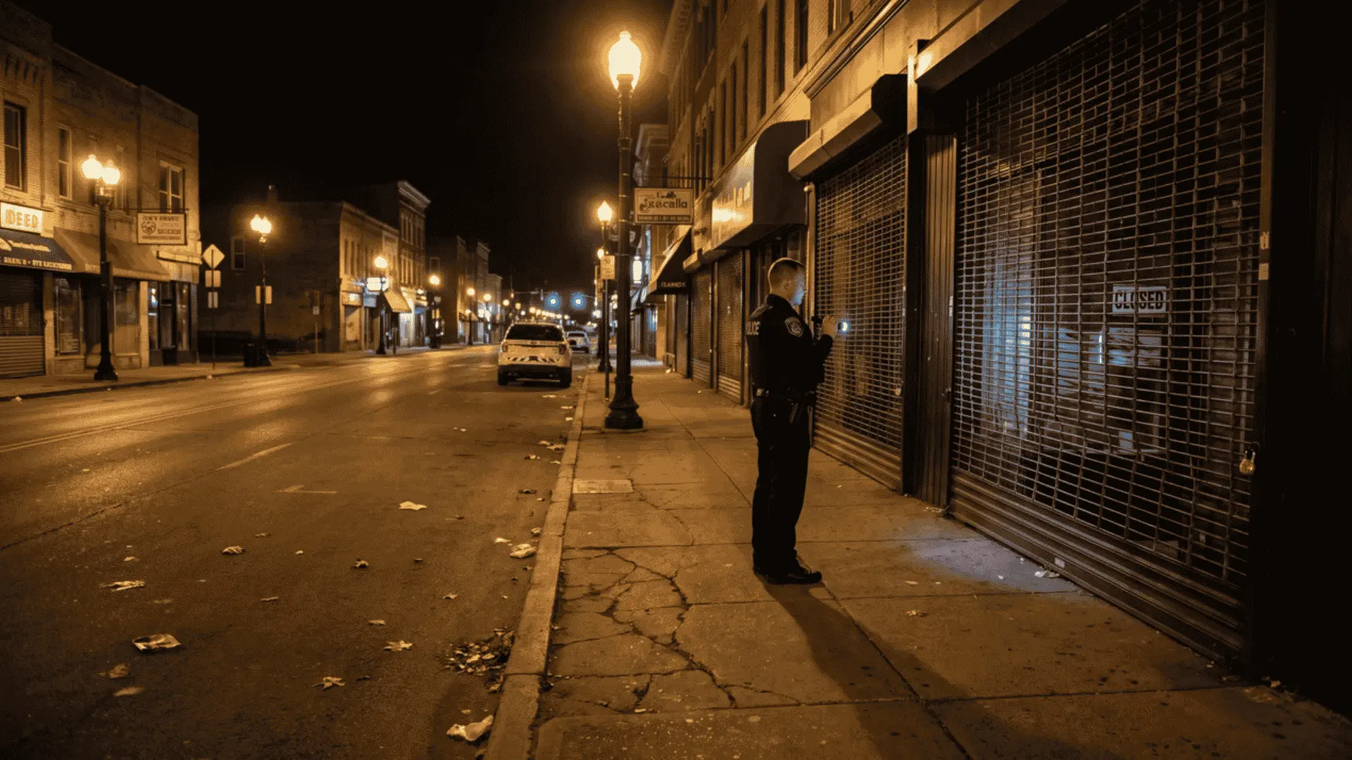 Police officer observing a closed storefront at night on an empty street