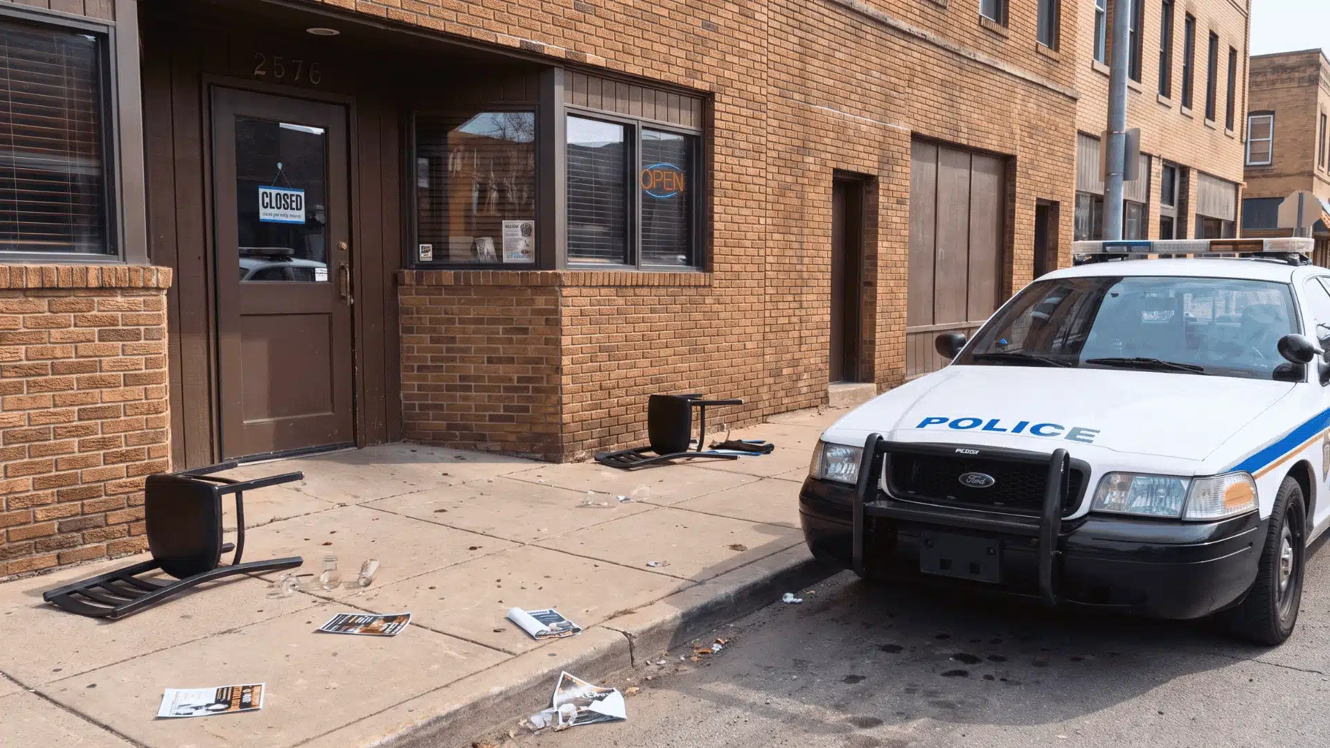 Police vehicle parked outside a building with overturned chairs and scattered items on the sidewalk.