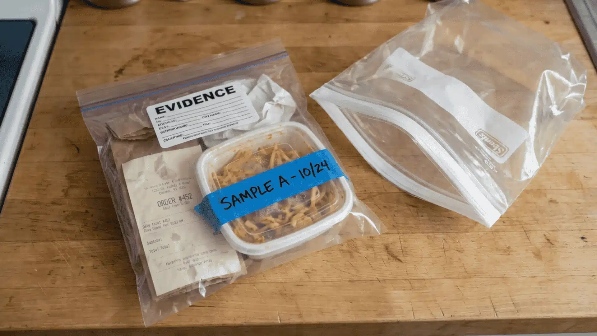 Preserved food sample and packaging stored as evidence