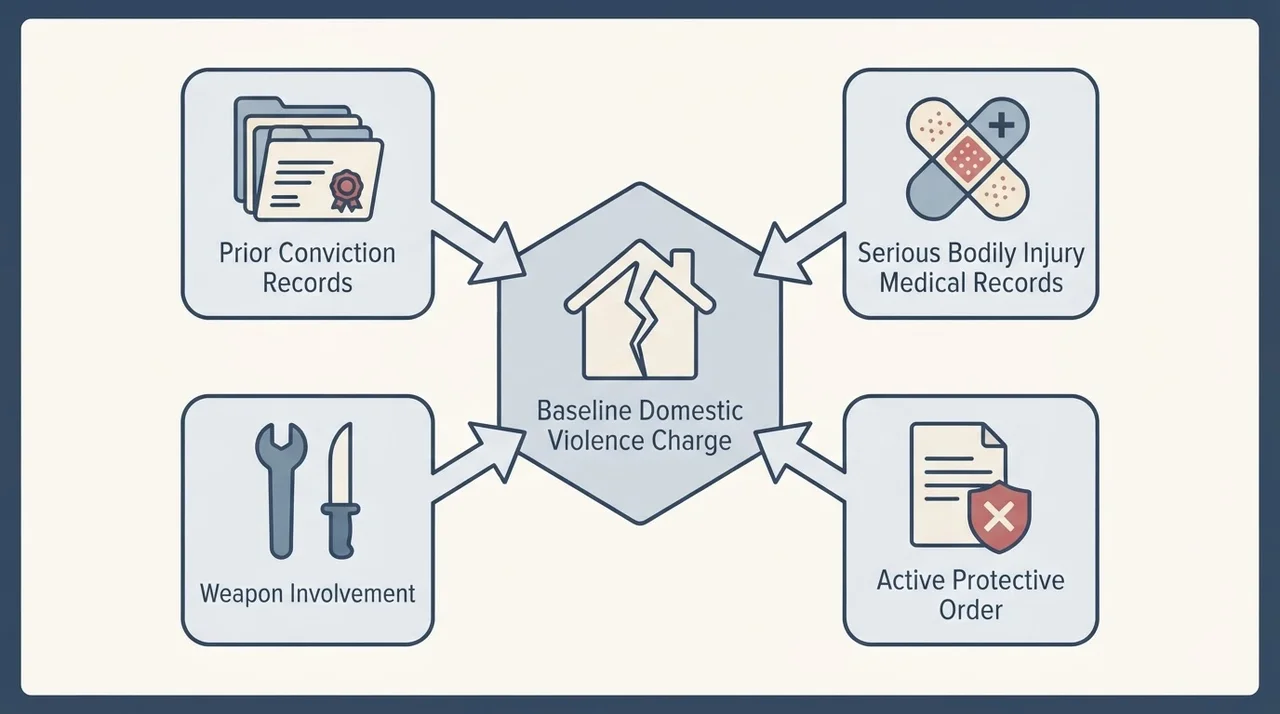 Prior convictions, medical records, weapon use, and protective orders feeding into felony charge escalation
