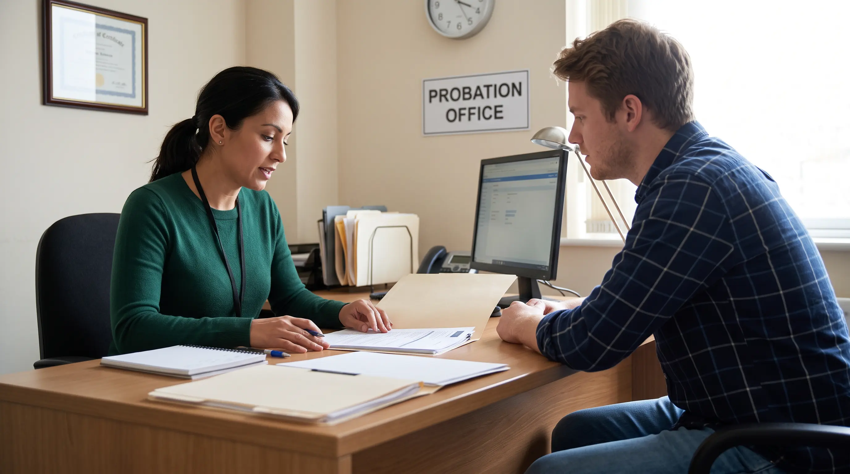 Probation meeting showing supervision and regular check-ins with an officer