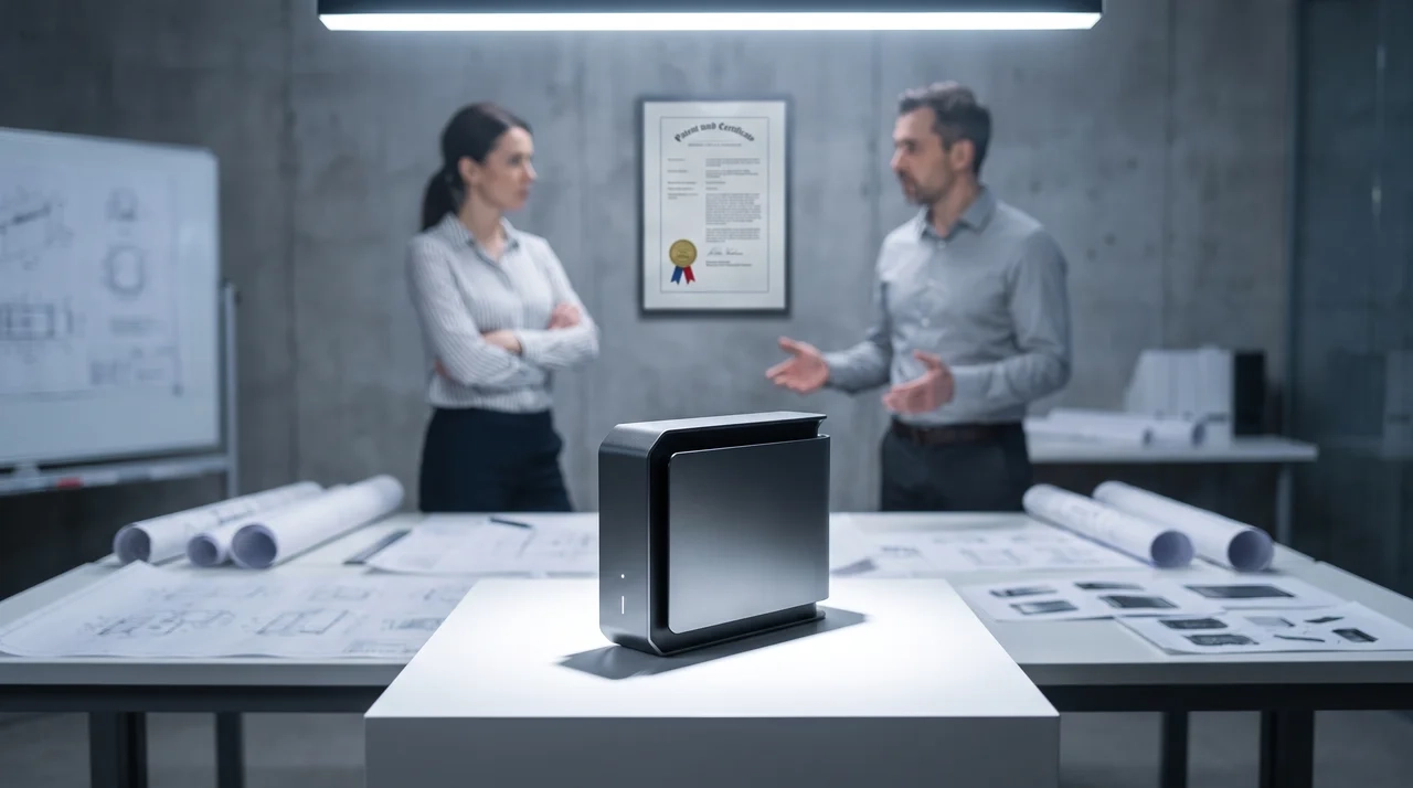 Product prototype on display surface with patent documents and two people in dispute representing an IP declaratory judgment action