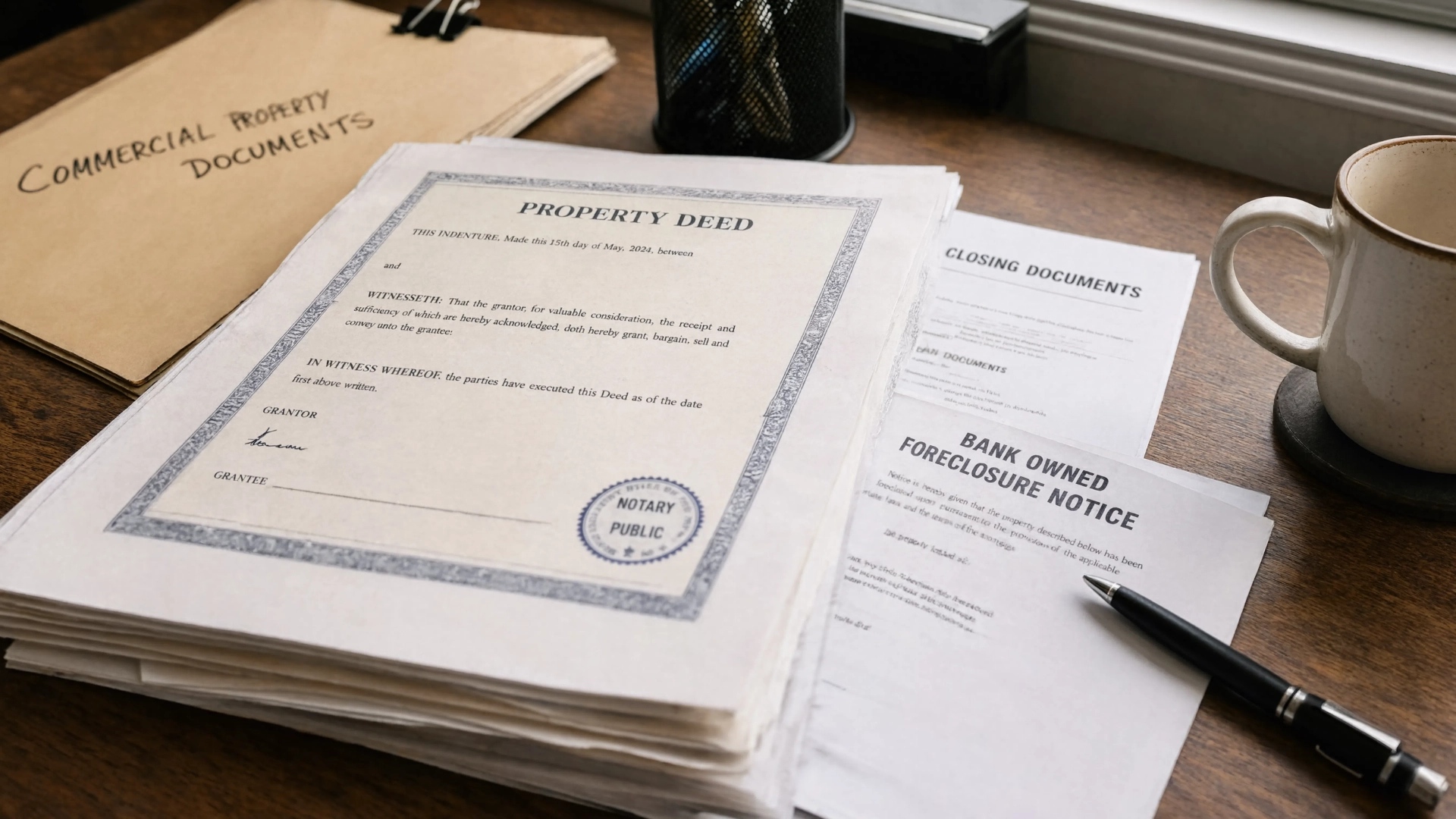 Property title report with a highlighted line, tax statement, calculator, and yellow highlighter.