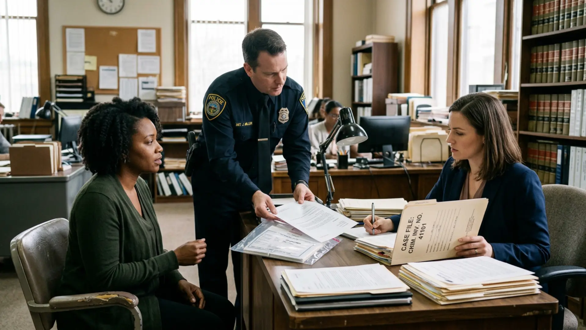 Prosecutor reviewing evidence while a victim gives a statement during the pressing charges process in a courthouse office