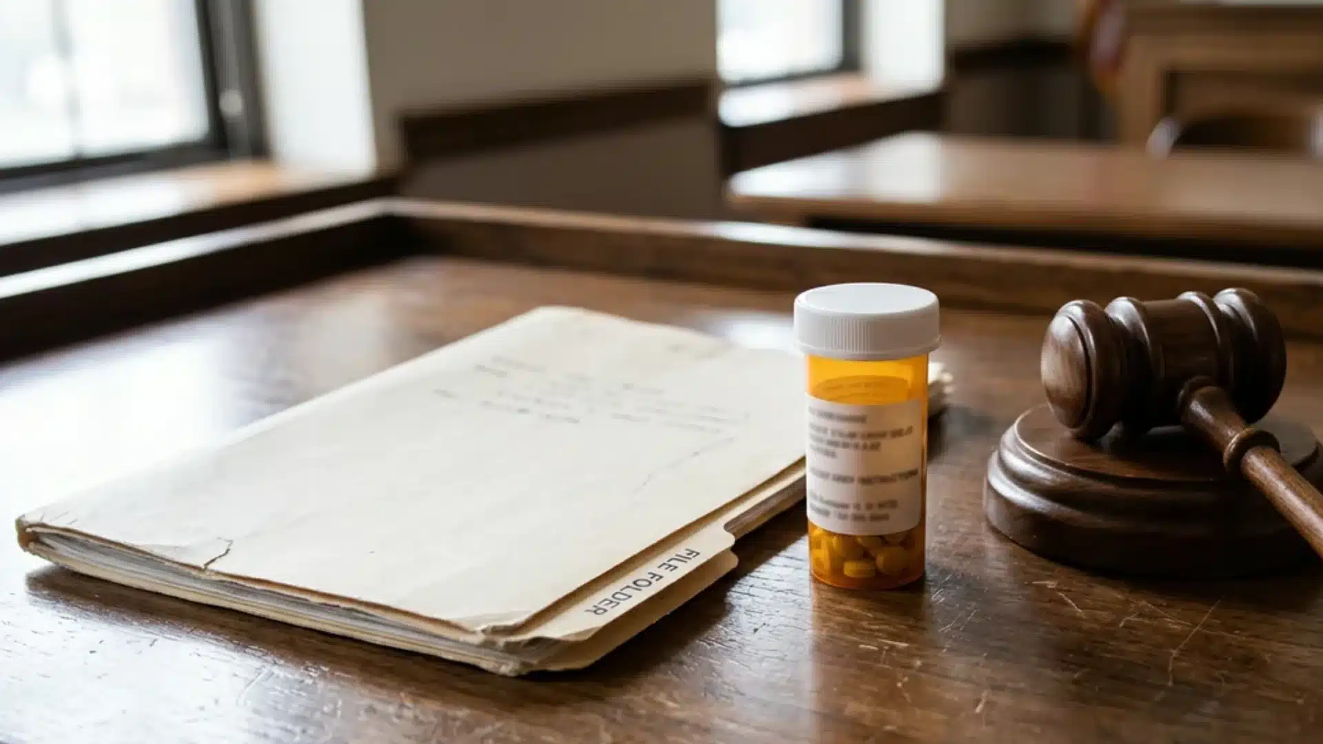 Psychiatric evaluation folder and prescription bottle placed next to a courtroom gavel