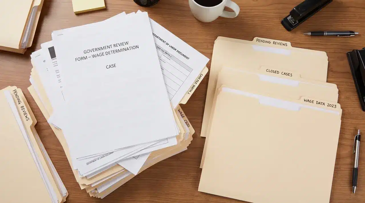 stack of case file folders and wage review documents on a desk
