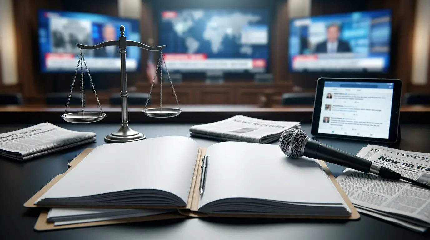 Legal documents, media coverage, and a balance scale representing high-profile defamation cases