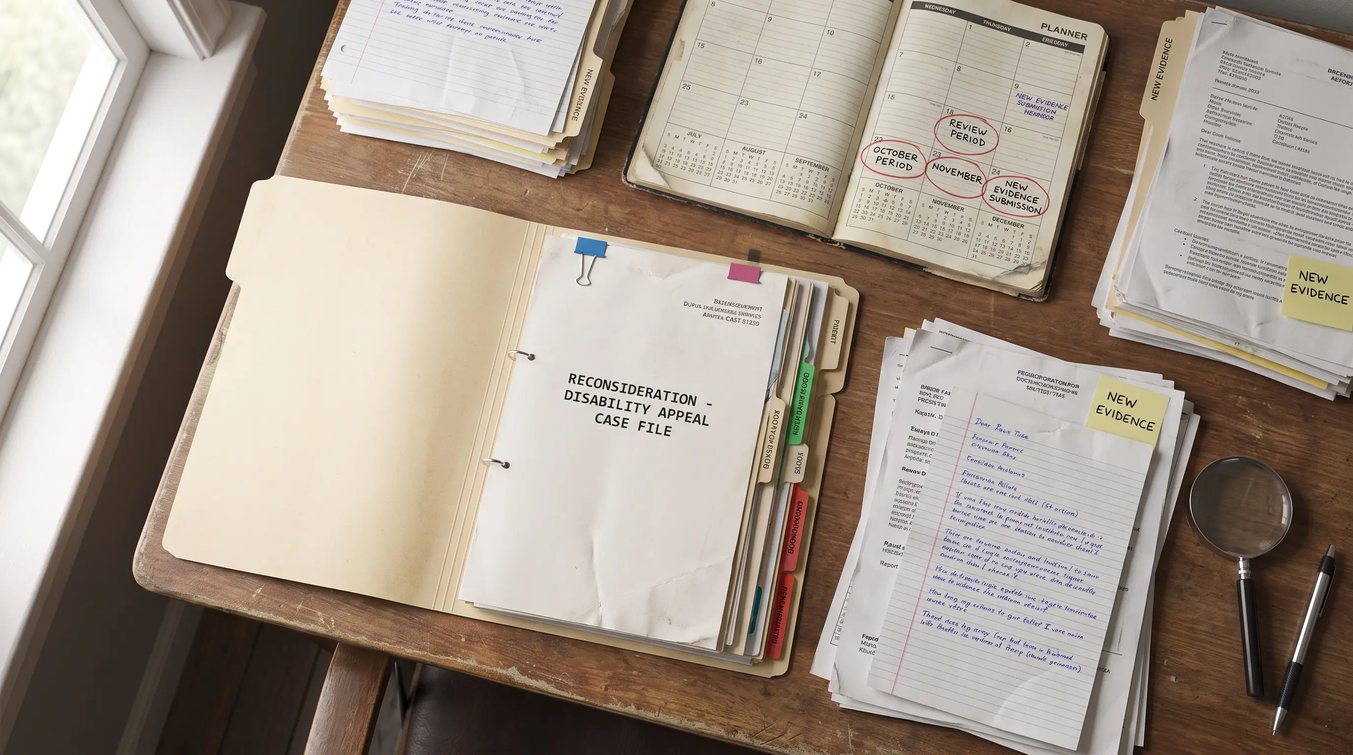 Disability appeal file with medical records and a calendar prepared for reconsideration review.