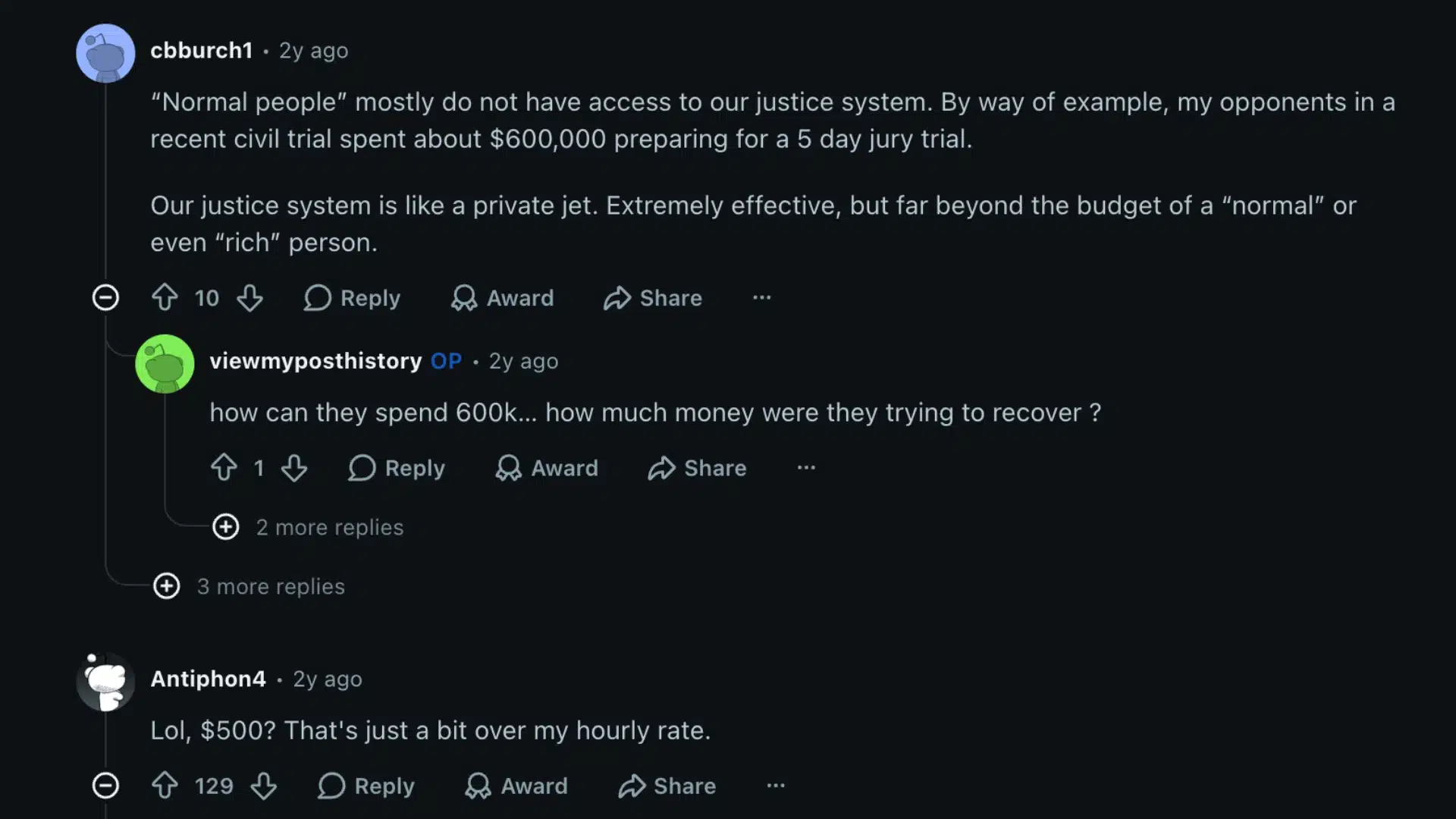 Reddit thread discussing high lawyer fees and hourly rates