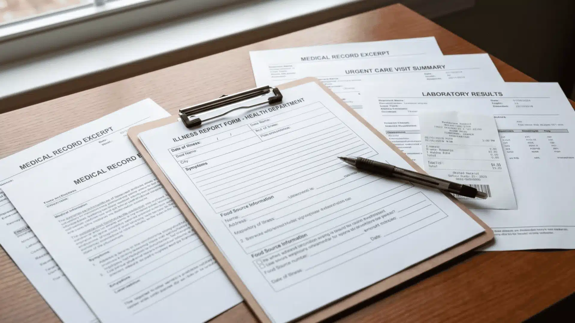 Health department report form with medical records and lab results
