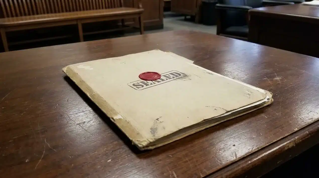 Closed case file folder with a sealed stamp on a wooden desk