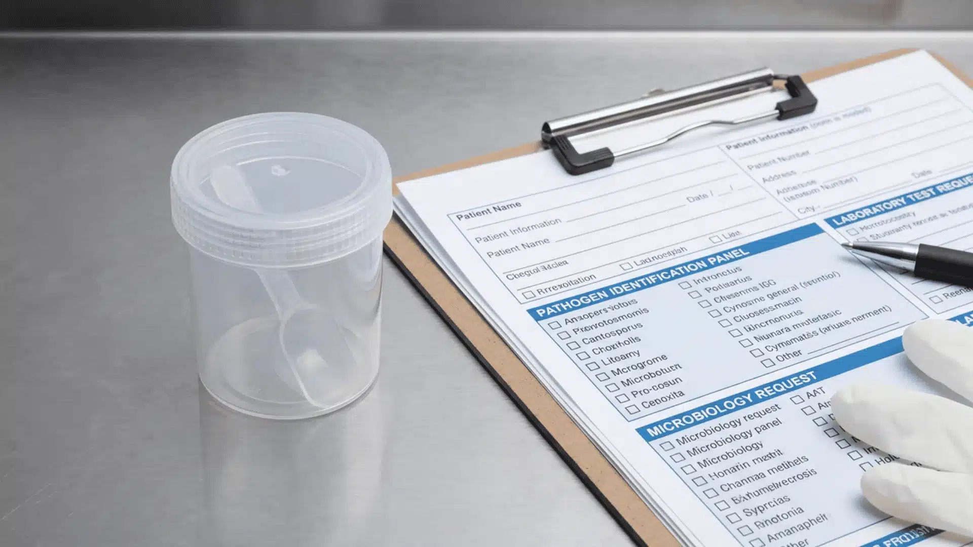 Stool sample container with pathogen testing paperwork and medical forms