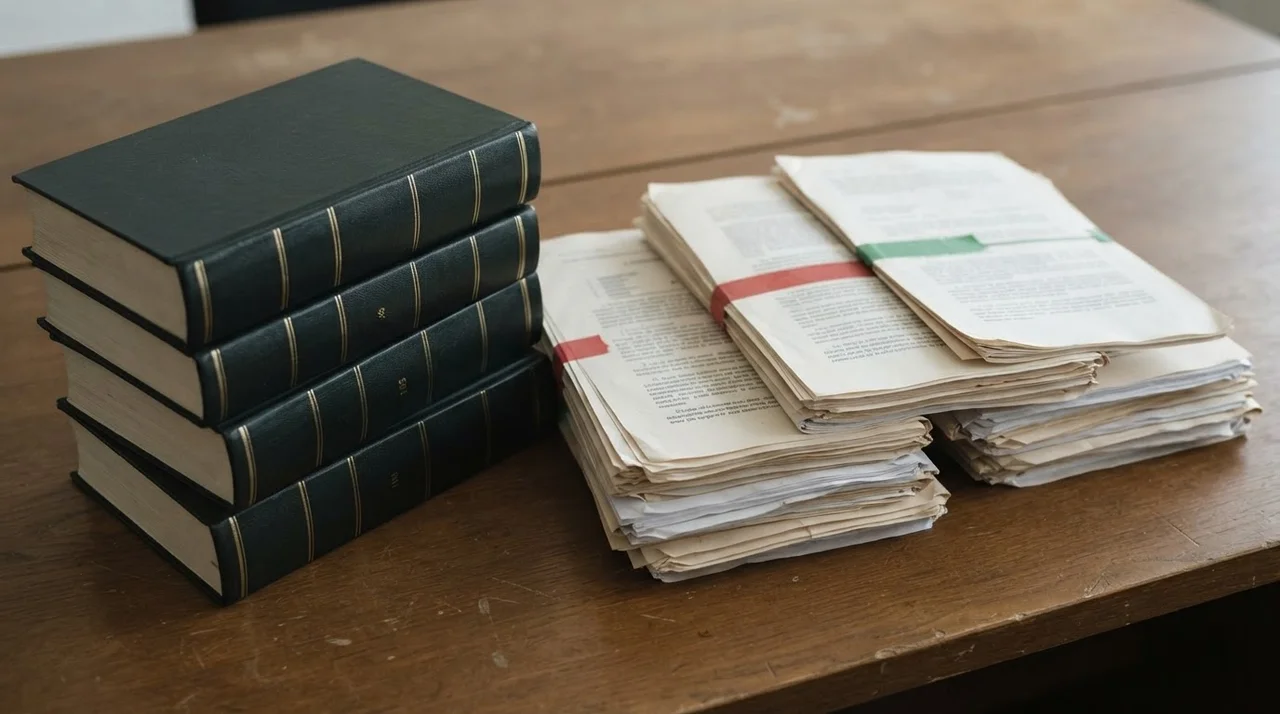 Legal statute books and court documents arranged together on a plain desk
