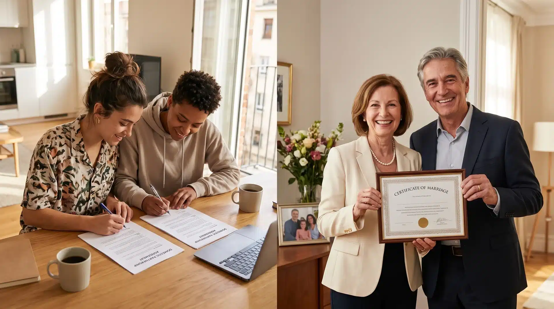 Split image showing one couple signing domestic partnership papers and another holding a marriage certificate