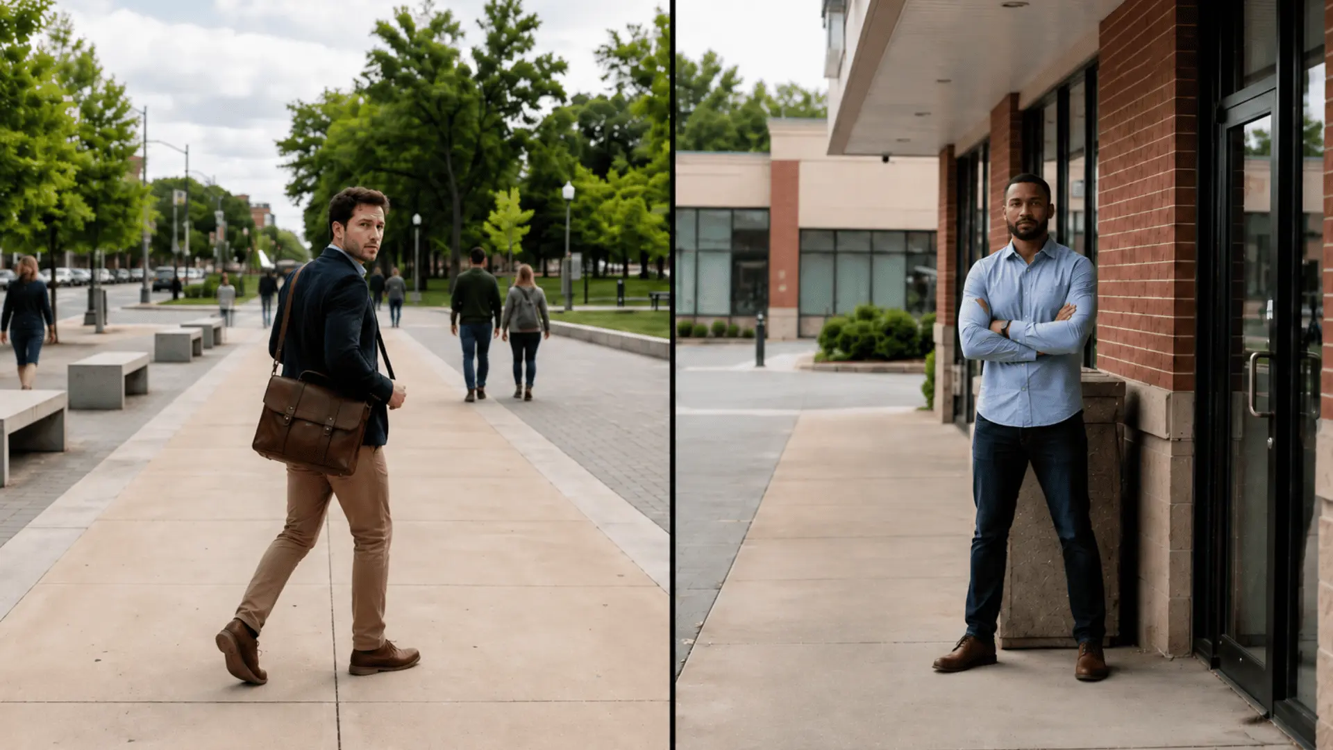 Split scene showing one person retreating and another standing ground in self-defense situations