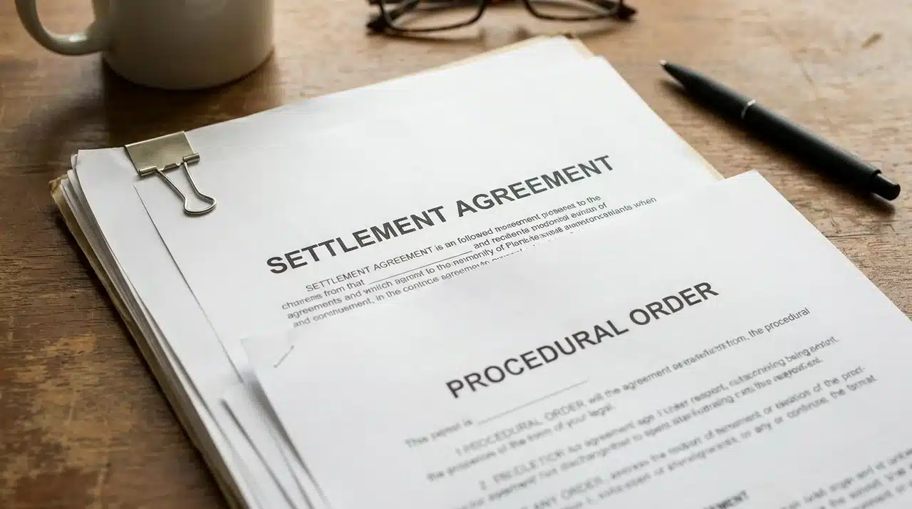 Stack of court documents with settlement and procedural order pages visible