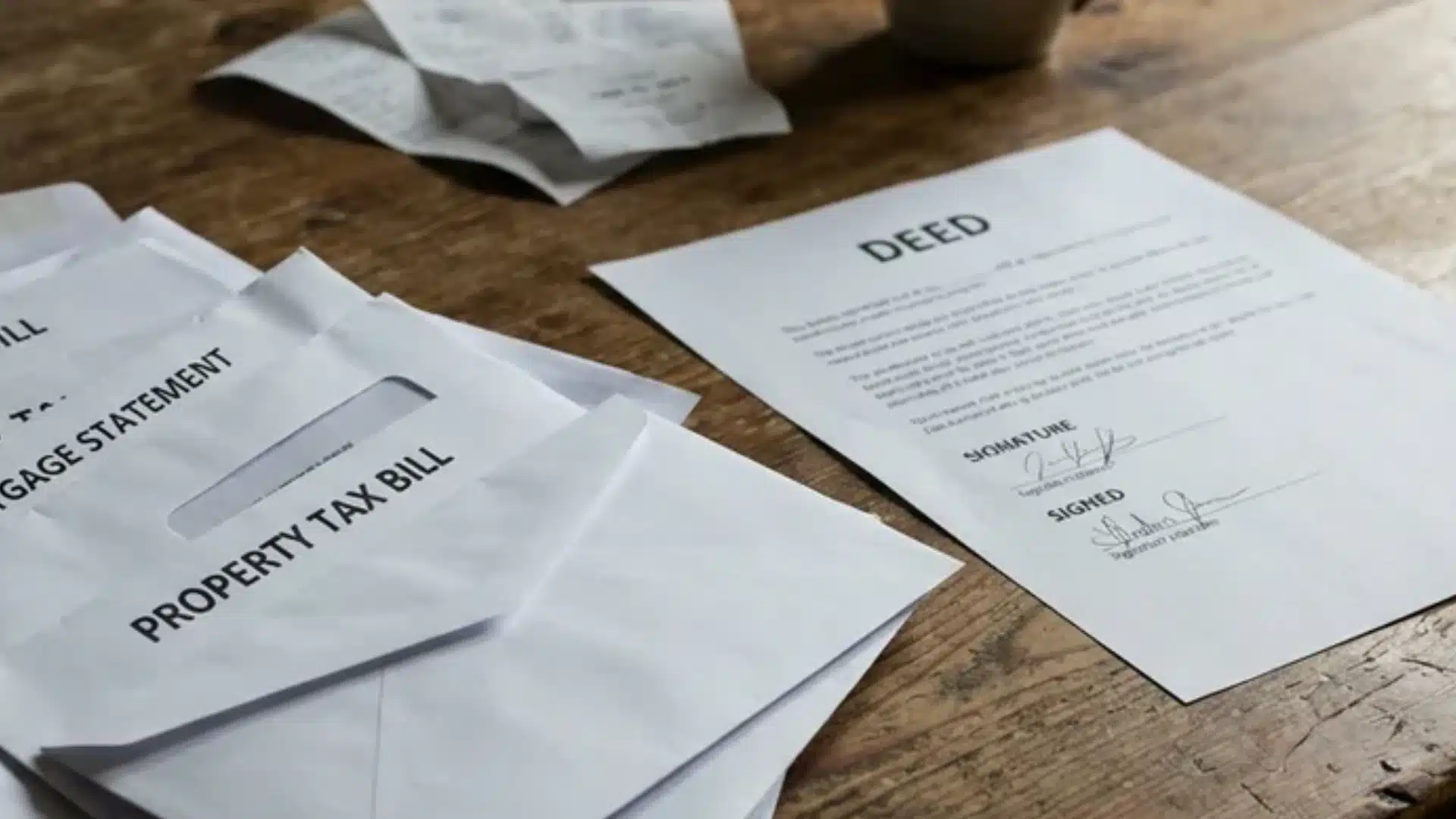 Stack of unpaid property tax bills and mortgage statements next to a signed house deed
