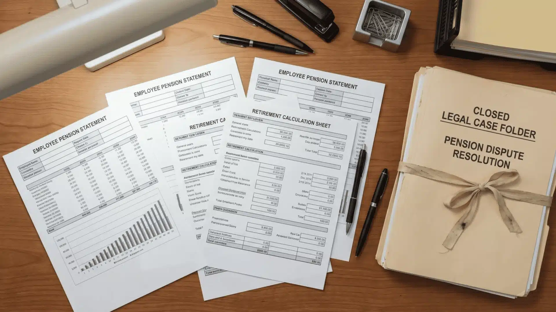 Pension statements and retirement calculation sheets beside a closed legal case folder