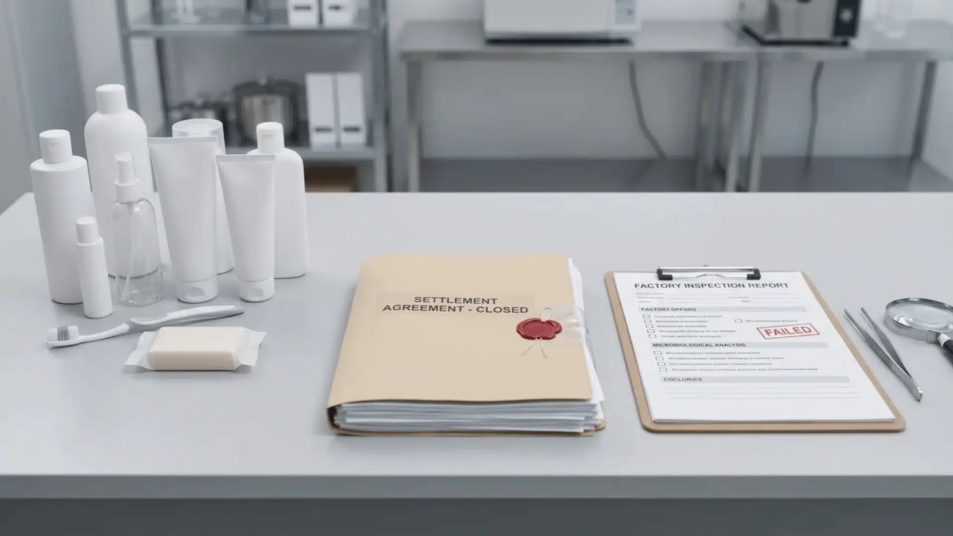 Unbranded personal care products beside a sealed settlement folder and factory inspection document