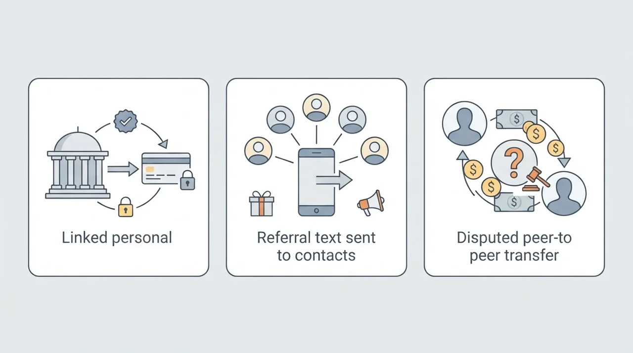 Three records represent a linked bank account, referral text, and disputed peer-to-peer transfer