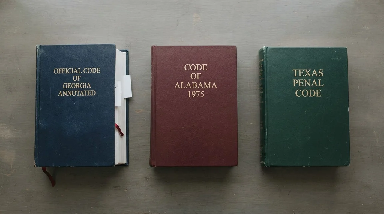 Three state statute books arranged side by side on a plain surface