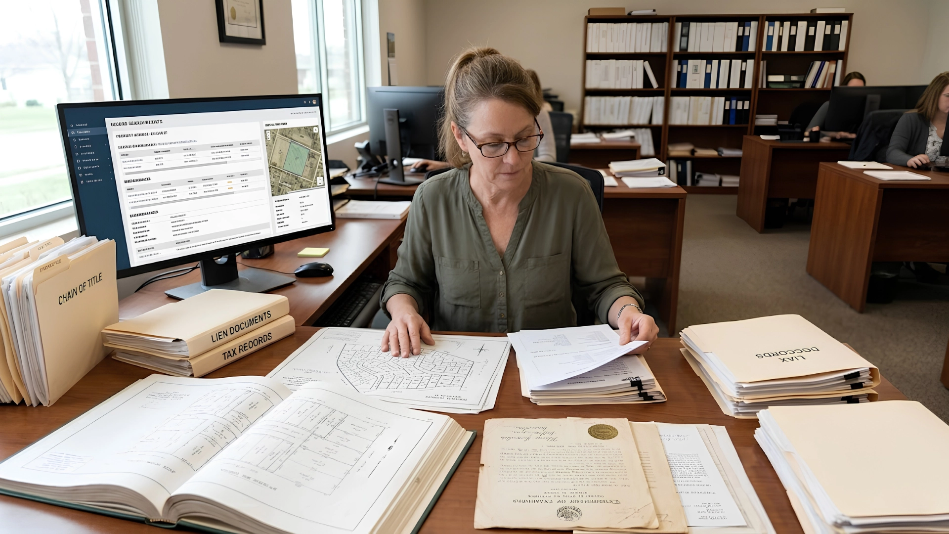Professional woman seated at a desk inspecting property deeds, maps, and land tax records.