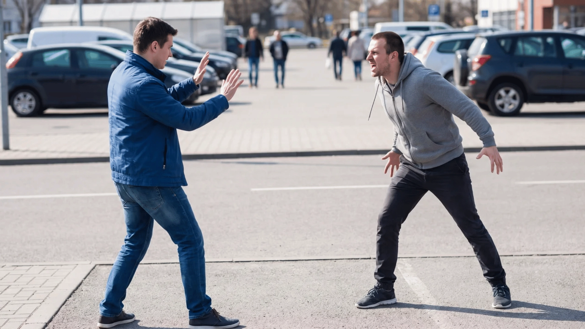 Two people standing apart during a tense confrontation in a parking area.
