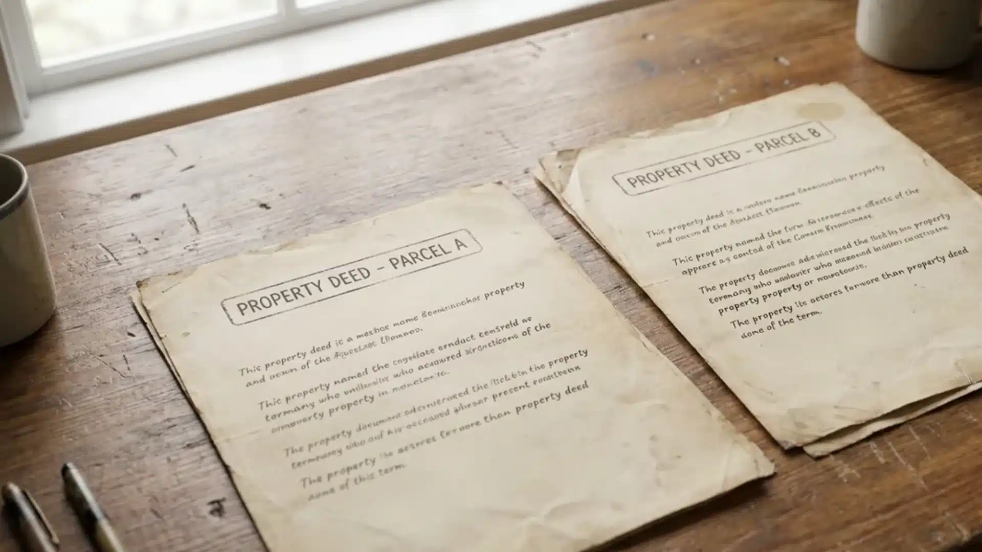 Two property deed documents side by side on a desk with different heading labels