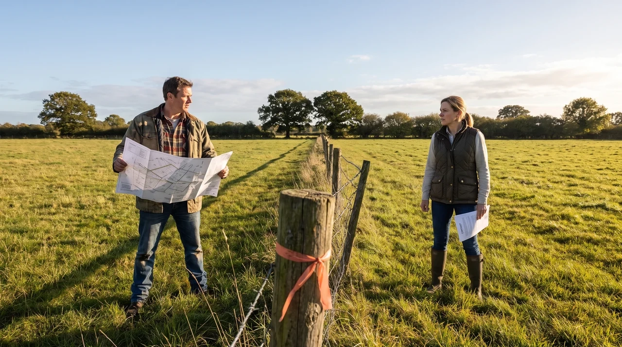 Two property owners standing on opposite sides of a boundary fence holding survey and contract documents in a land dispute