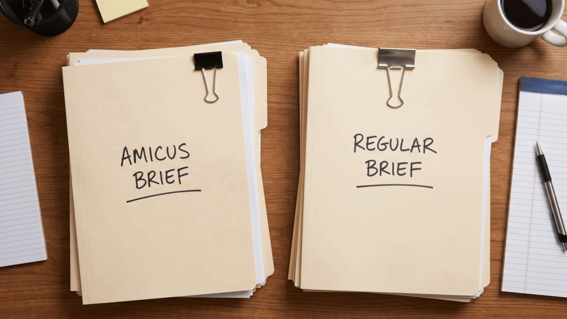 Two stacks of legal documents representing different briefs