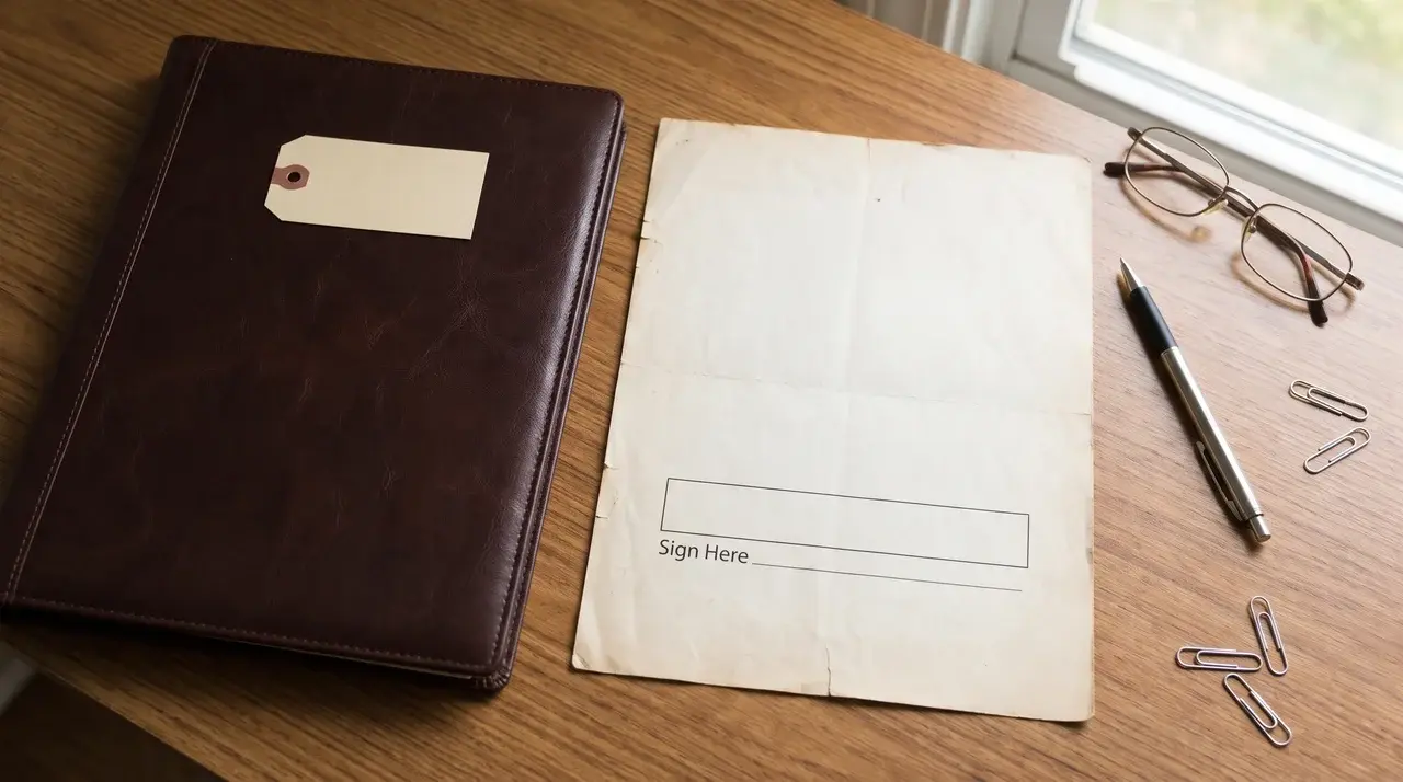 Unsigned document beside a closed folder on a desk