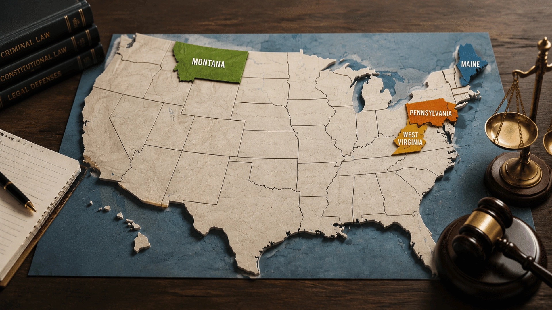 U.S. map highlighting states with legal materials and symbols representing self-defense laws by state.