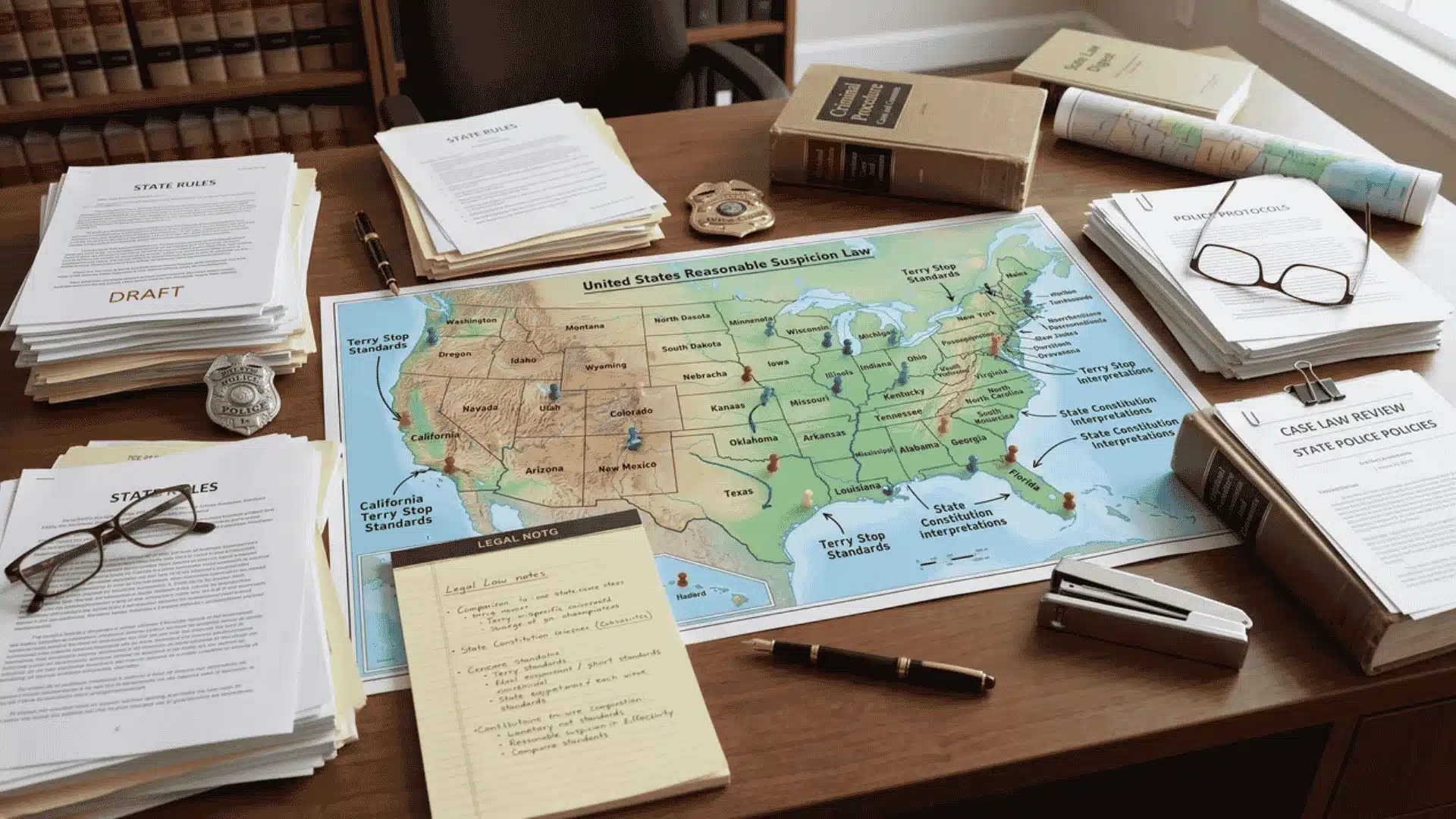 U.S. map with legal documents and law enforcement items representing state reasonable suspicion laws