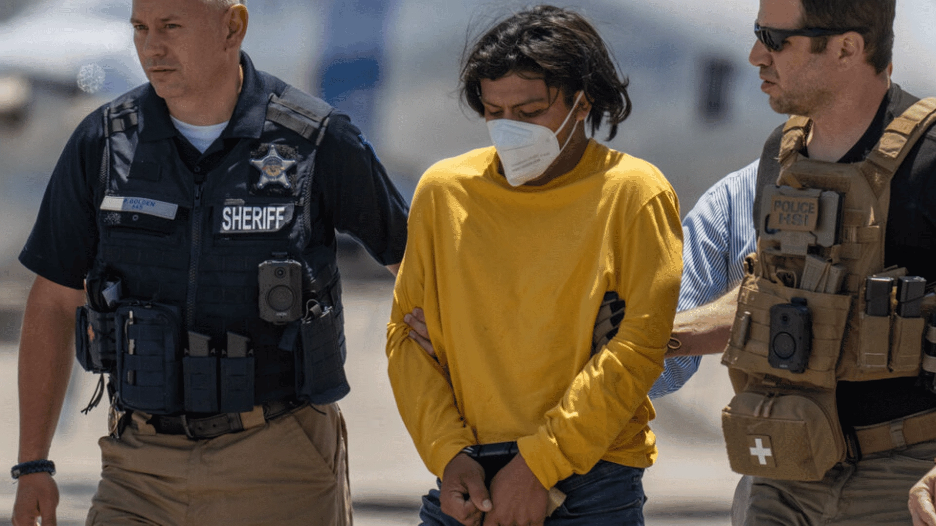 Victor Martinez-Hernandez escorted by Harford County Sheriff deputies after extradition to Maryland for Rachel Morin's murder.