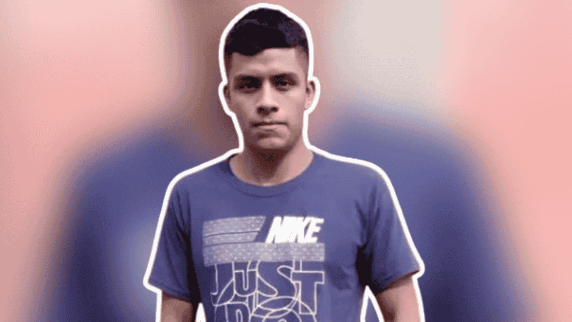 Victor-Martinez-Hernandez in a blue Nike shirt shown against a pink and blue gradient background