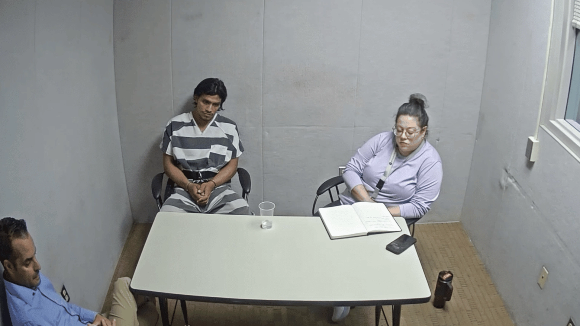 Victor Martinez-Hernandez in custody during a pre-trial interview, charged with the murder and rape of Rachel Morin in 2023.