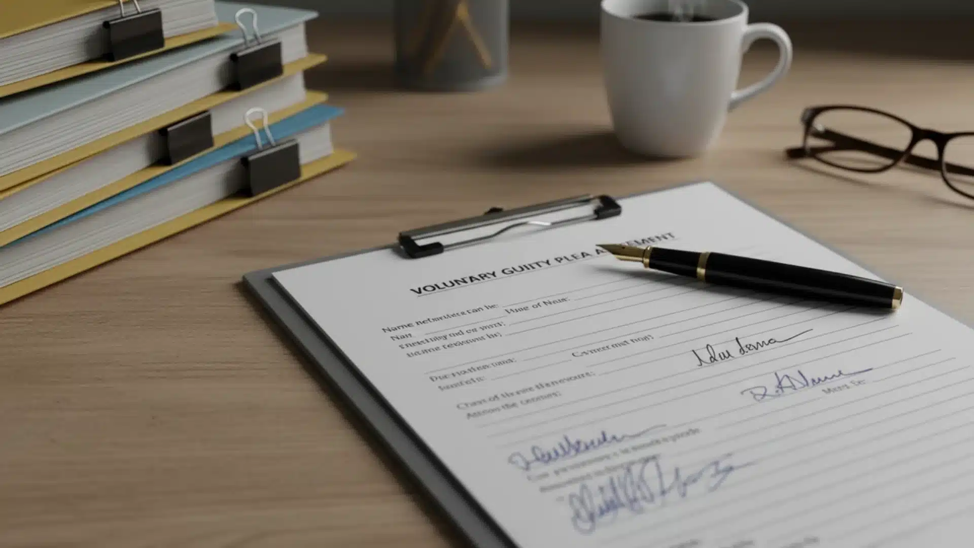 A voluntary guilty plea agreement clipboard with a fountain pen, coffee cup, and eyeglasses.