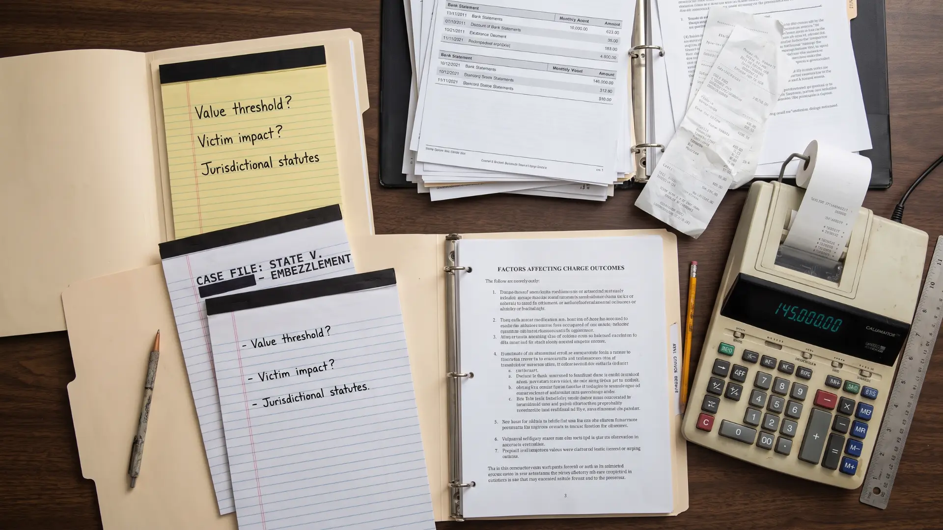 Financial records and legal files used to assess an embezzlement charge