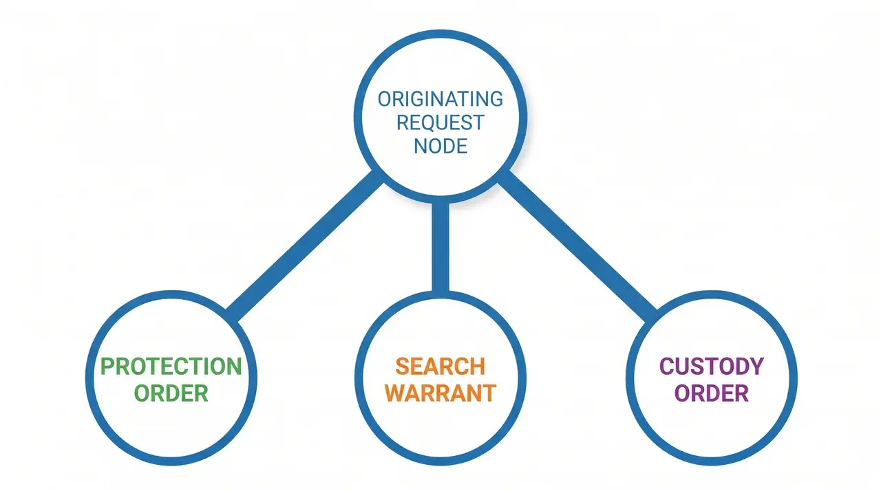 Branching diagram with three labeled nodes representing protection order, search warrant, and custody order stemming from one request node