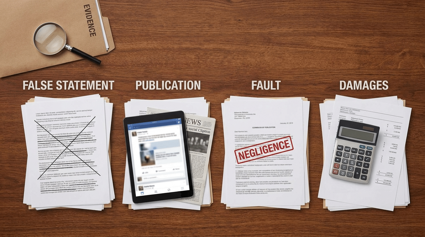 Legal documents and evidence representing the elements required for a defamation claim
