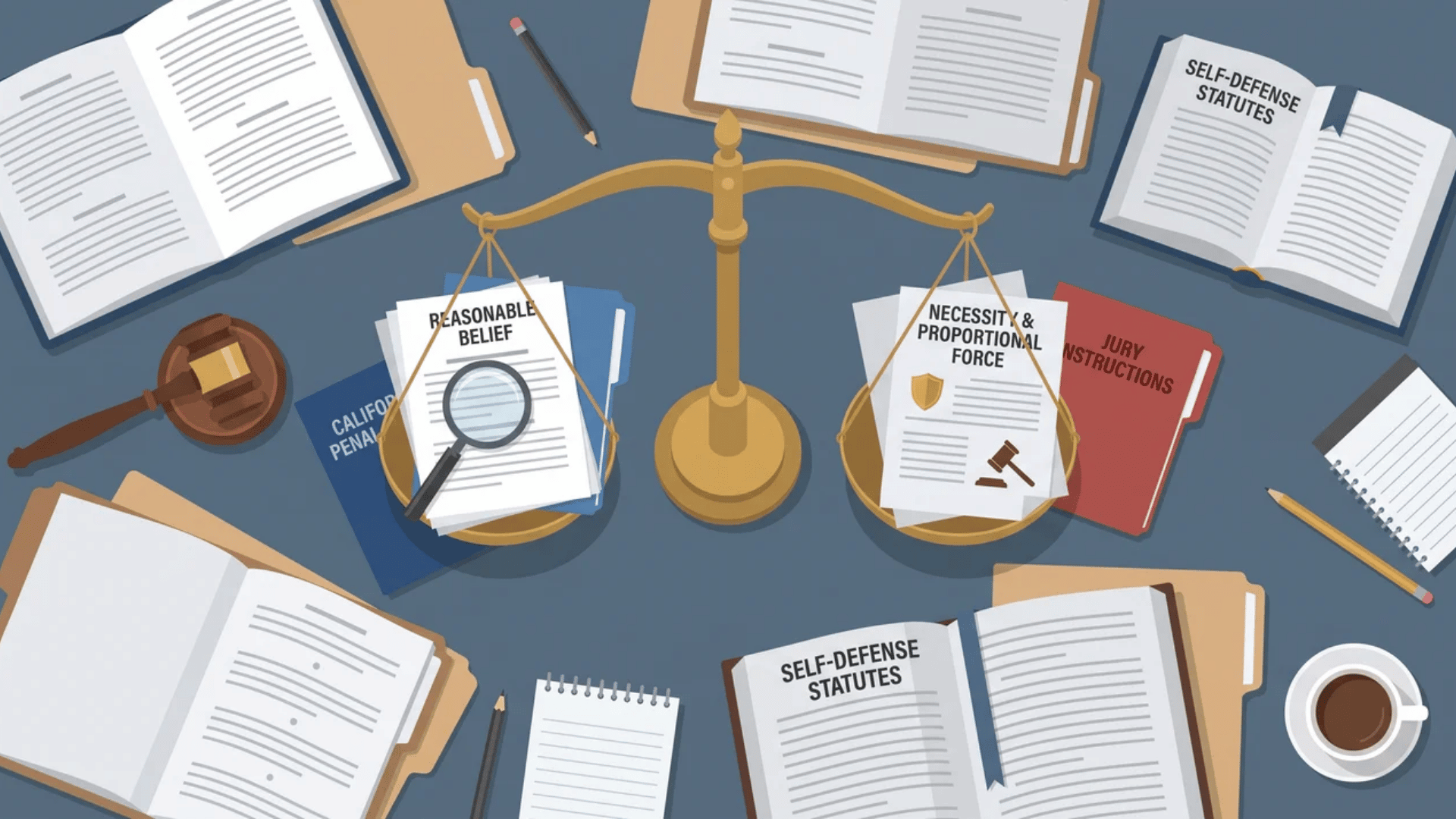 Legal documents and justice scale representing self-defense requirements in California