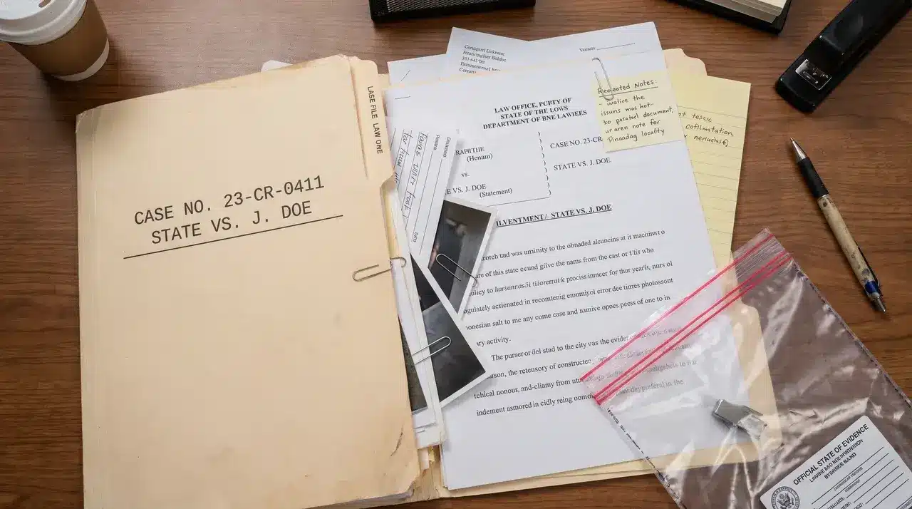 Case file folder with loose documents and an evidence bag on a desk