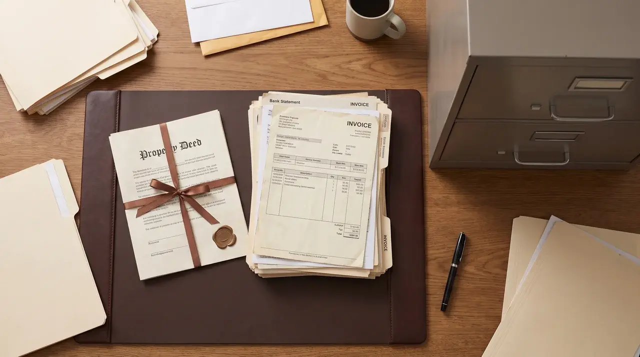 Financial documents and a property deed stacked on a desk