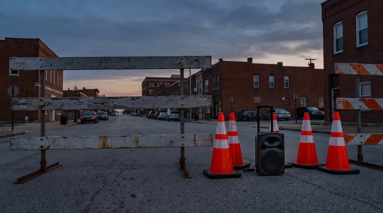 Road barricade and traffic cones blocking a street with a loudspeaker nearby