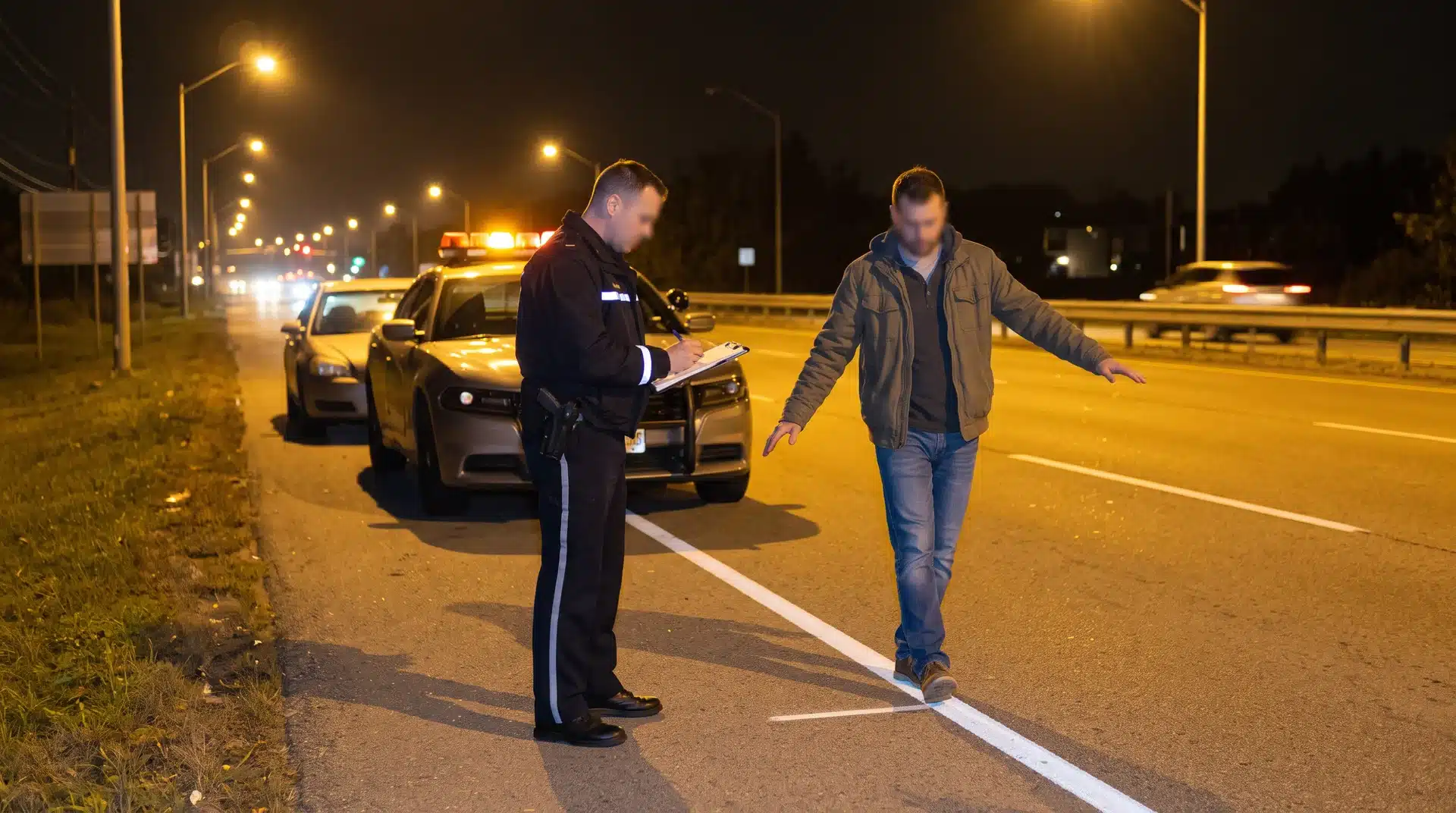 Roadside field sobriety test showing balance and walking exercises with an officer present.